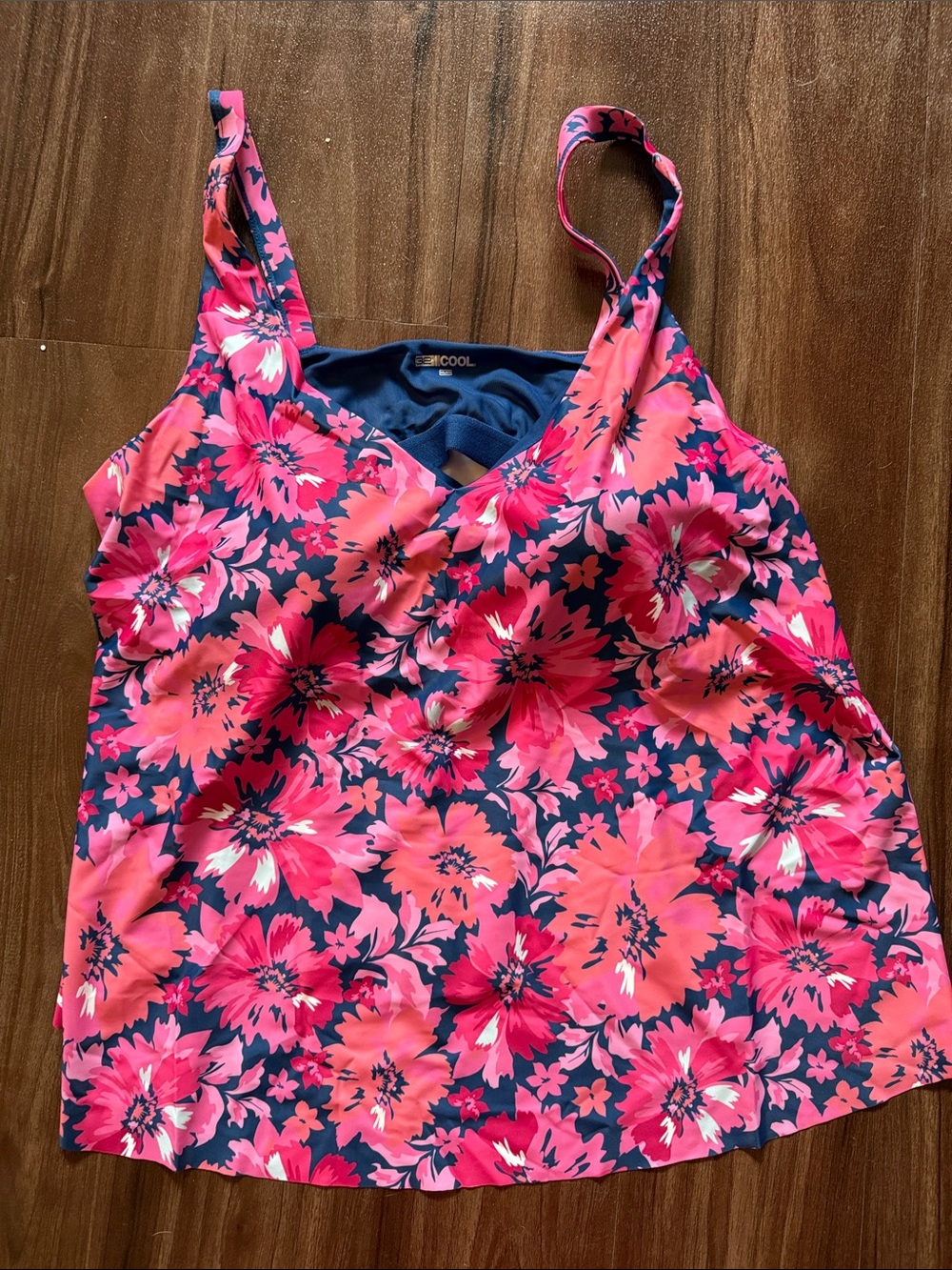32 Degrees Pink Floral Tankini Top with Navy Background